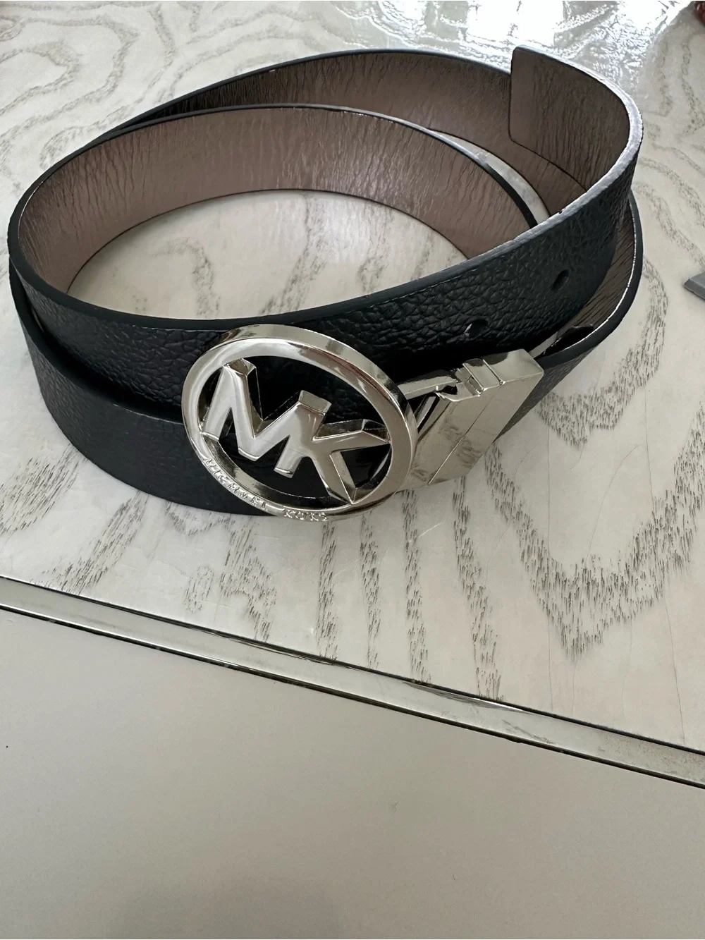 Michael Kors Reversible Black Leather Belt with Silver MK Circle Buckle
